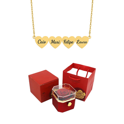Caixa Rotativa com Rosa Eterna & Colar Coração Gravado com Nomes