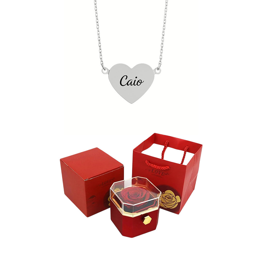 Caixa Rotativa com Rosa Eterna & Colar Coração Gravado com Nomes