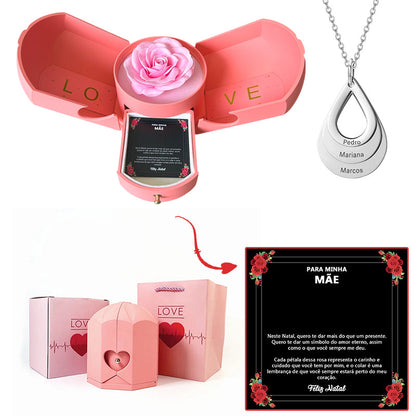 Caixa com Rosa Eterna & Colar Gota Personalizado - Para Minha Mãe