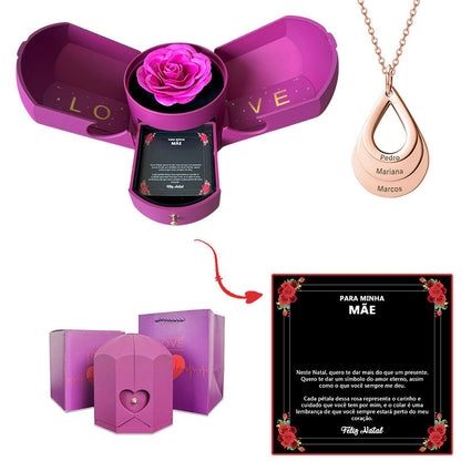 Caixa com Rosa Eterna & Colar Gota Personalizado - Para Minha Mãe
