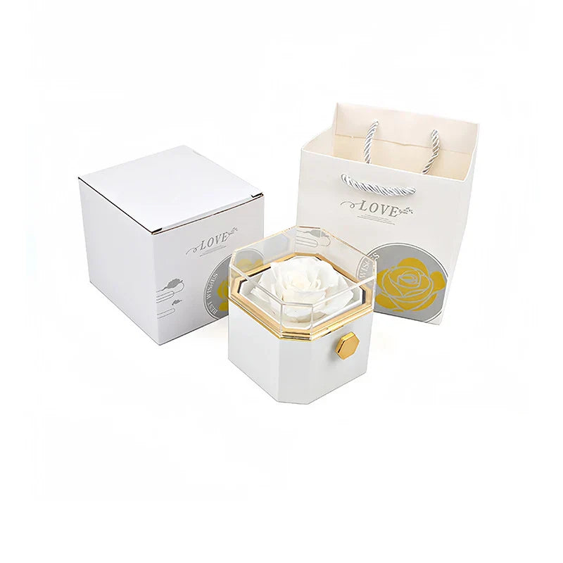 Caixa Rotativa com Rosa Eterna & Colar 2 Corações