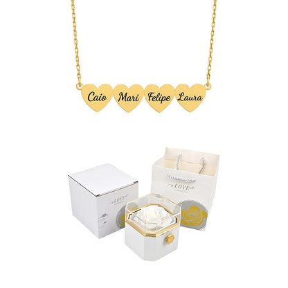 Caixa Rotativa com Rosa Eterna & Colar Coração Gravado com Nomes