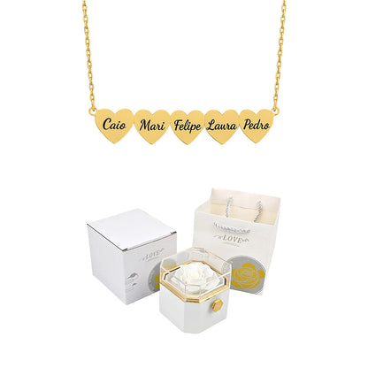 Caixa Rotativa com Rosa Eterna & Colar Coração Gravado com Nomes